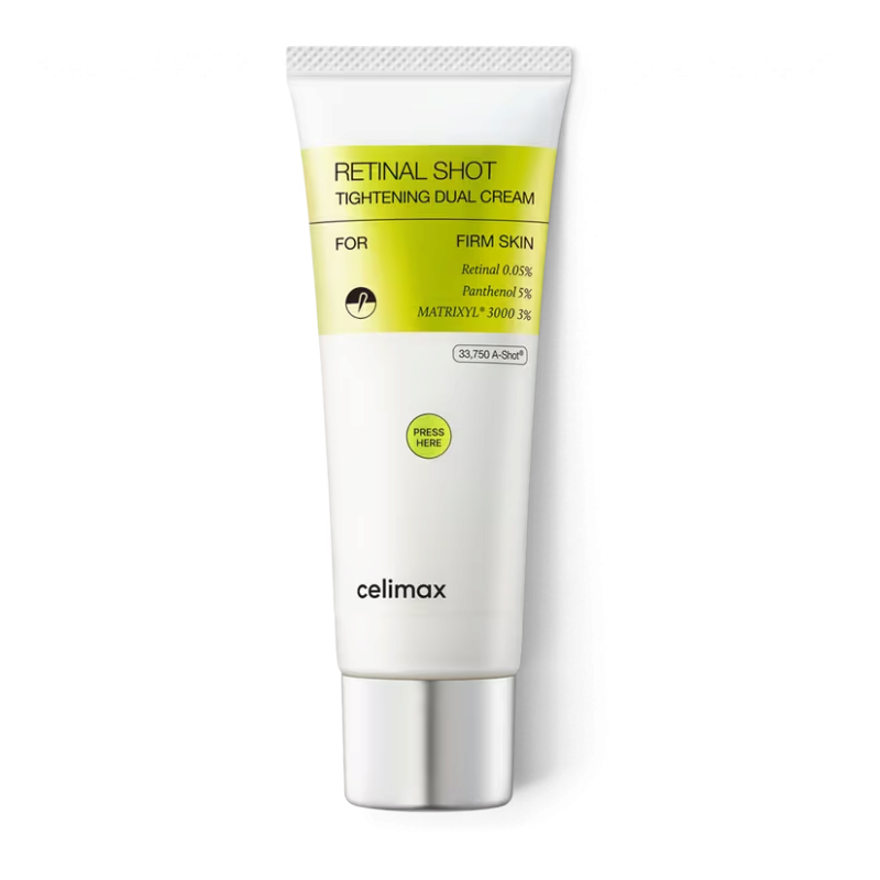 Celimax THE VITA-A Retinal Shot Tightening Dual Cream from bareskin.lt in a white tube with yellow label detailing