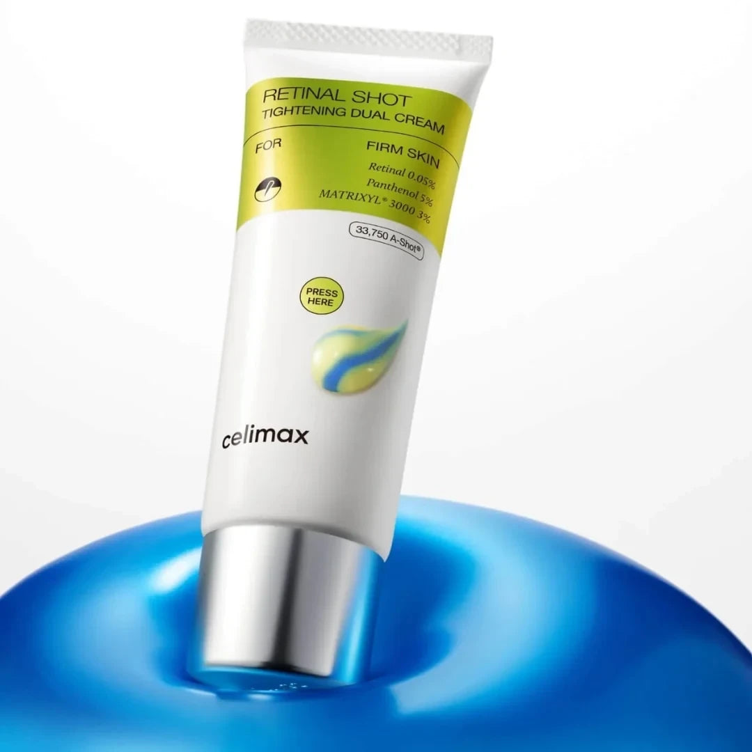 bareskin.lt Celimax Retinal Shot dual-chamber face cream tube with yellow and blue cream swirl on a blue base.