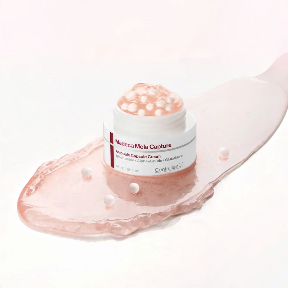 bareskin.lt Centellian24 Madeca Mela Capture Ampoule Capsule Cream with visible brightening spheres in gel texture