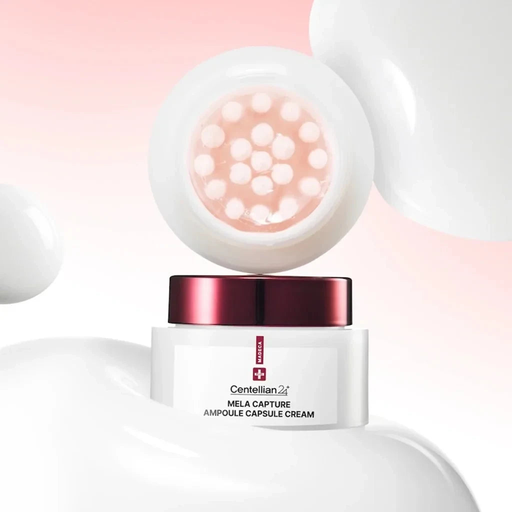 bareskin.lt Centellian24 Madeca Mela Capture Ampoule Capsule Cream in a white jar with visible skincare capsules