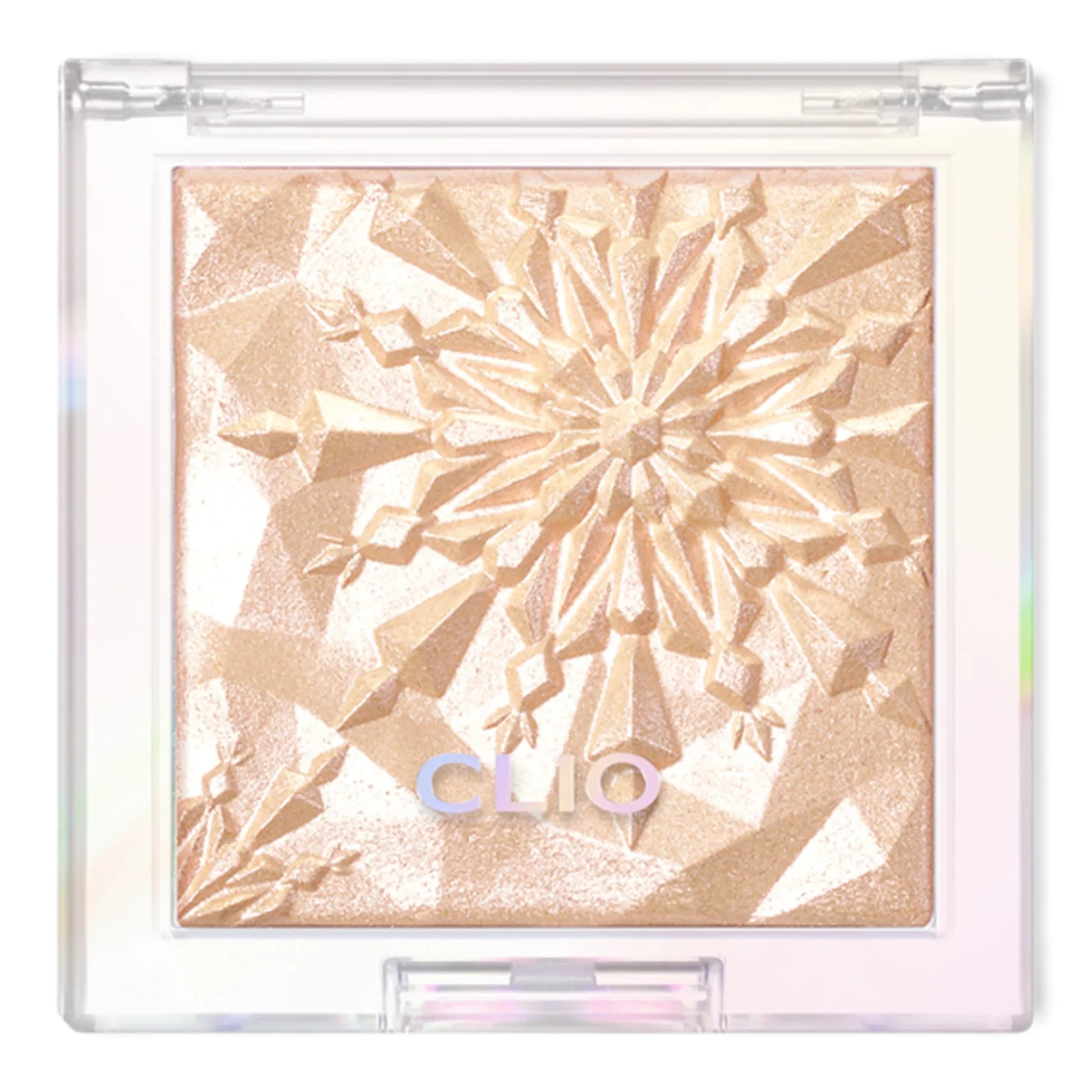 bareskin.lt CLIO Prism Highlighter in a square compact with a snowflake-patterned shimmering champagne powder