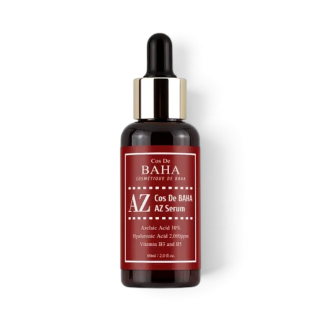 bareskin.lt Cos De Baha AZ Azelaic Acid 10% serum in a dark amber glass dropper bottle for acne and pigmentation