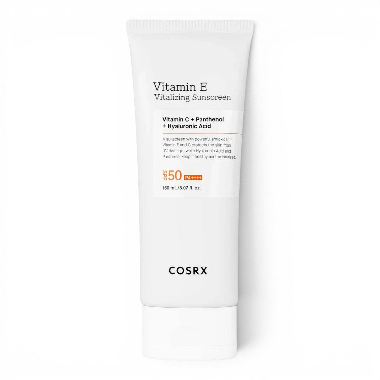bareskin.lt COSRX Vitamin E Vitalizing Sunscreen SPF 50+ in a white 150ml tube for daily sun protection.