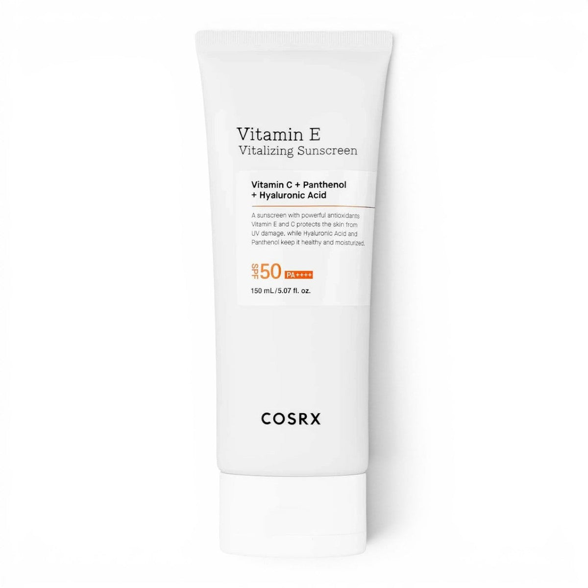 bareskin.lt COSRX Vitamin E Vitalizing Sunscreen SPF 50+ in a white 150ml tube for daily sun protection.