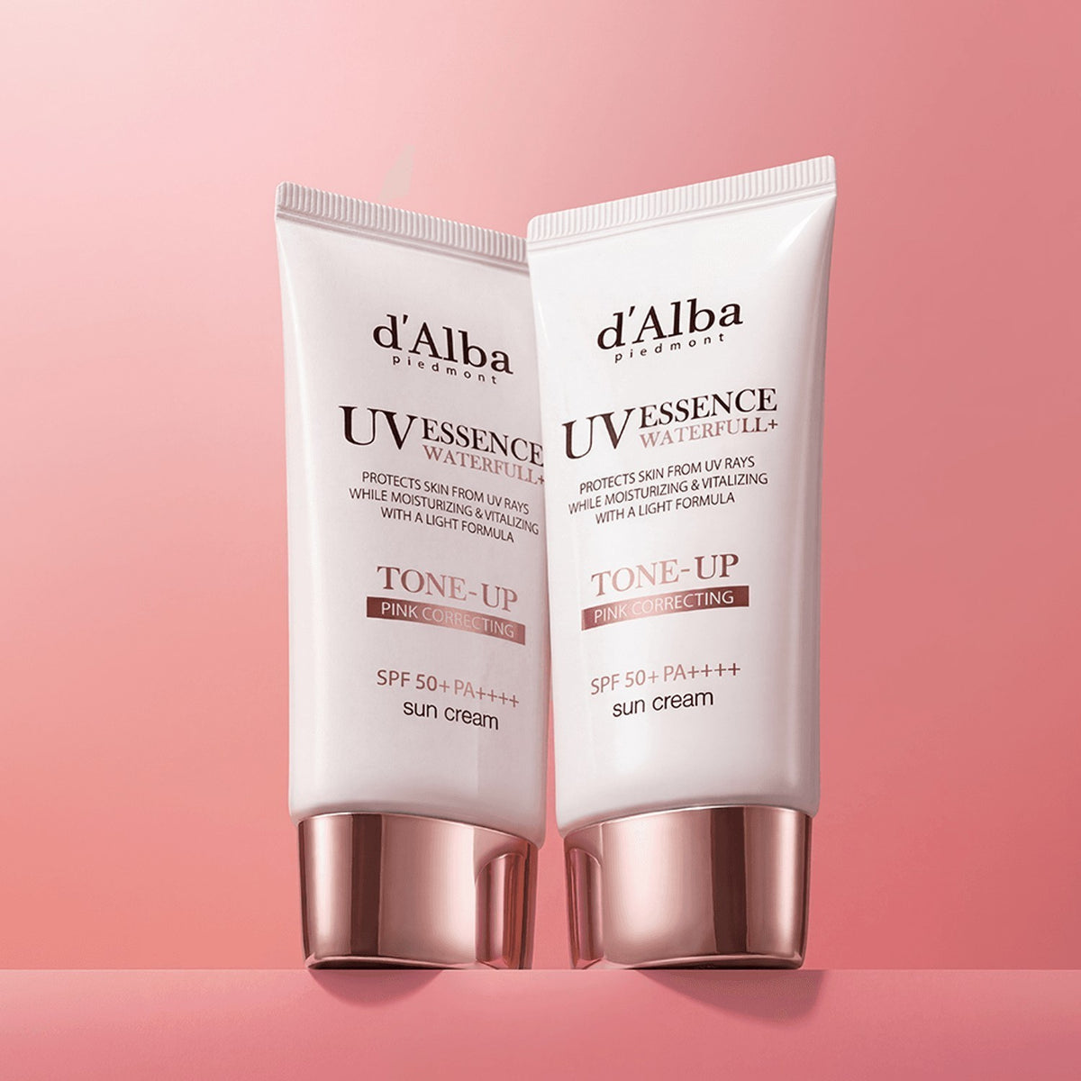 bareskin.lt d'Alba Waterfull Pink Correcting Tone-Up Sunscreen SPF 50+ PA++++ tonuojantis veido kremas nuo saulės su mineraliniais ir cheminiais UV filtrais