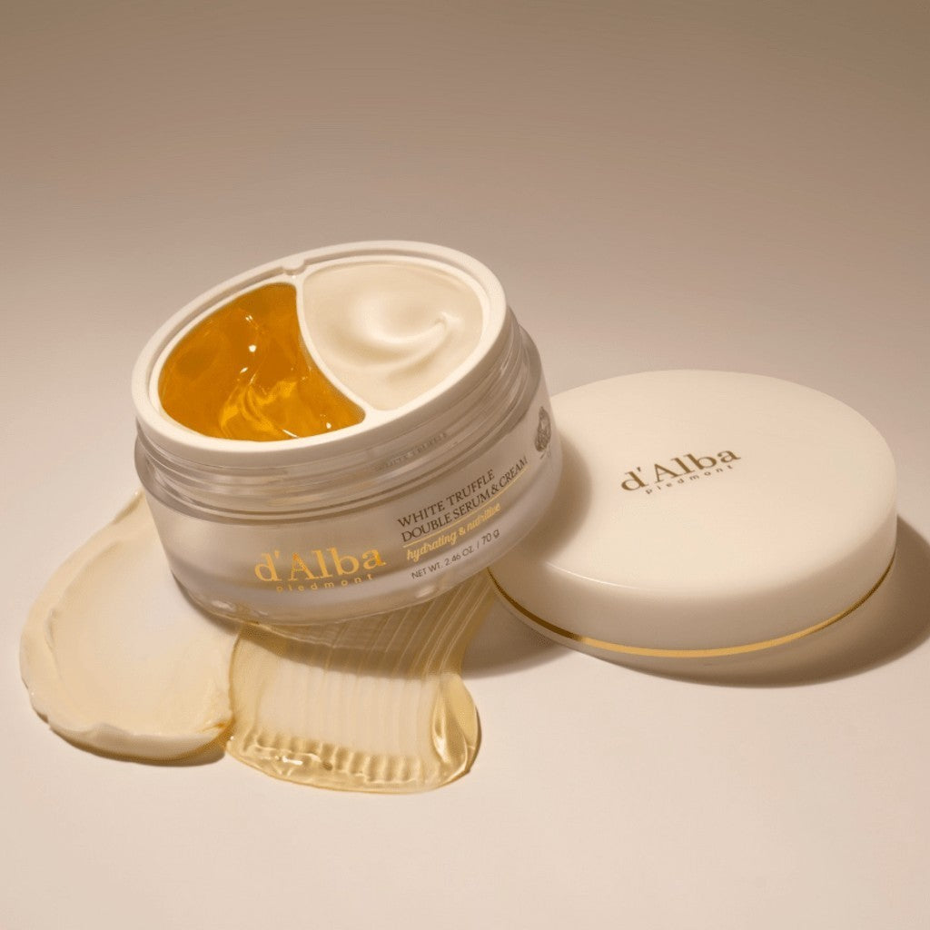 bareskin.lt d'Alba White Truffle Double Serum & Cream dviejų viename serumo ir kremo derinys suteikia individualizuotą odos priežiūrą pagal jos poreikius ir sezoninius pokyčius