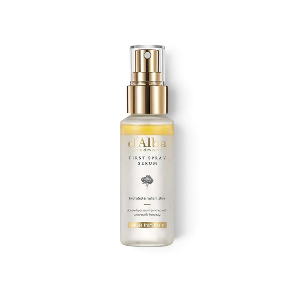 bareskin.lt D'Alba White Truffle First Spray Serum in a clear bottle with a gold pump for hydrated, radiant skin.