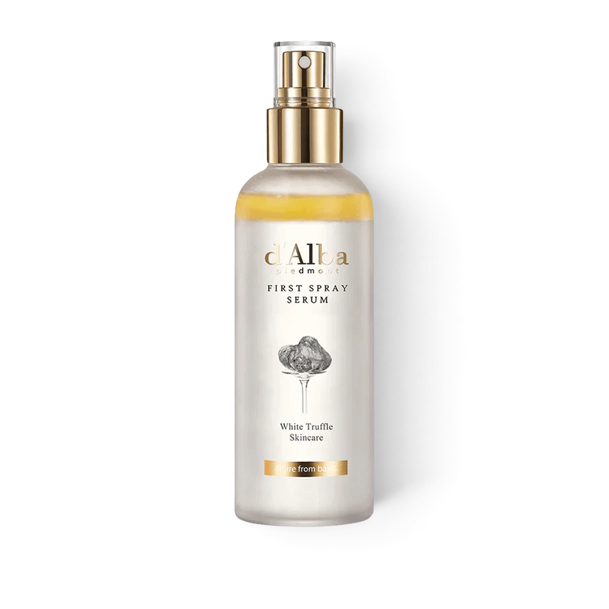 D'Alba White Truffle First Spray Serum from bareskin.lt in a clear bottle with a gold spray cap and yellow oil layer