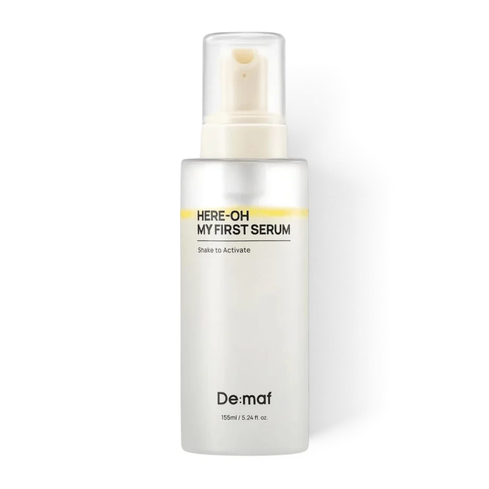 bareskin.lt De:maf Here-Oh My First Serum in a clear bottle with a pump dispenser for hydrated and soft skin
