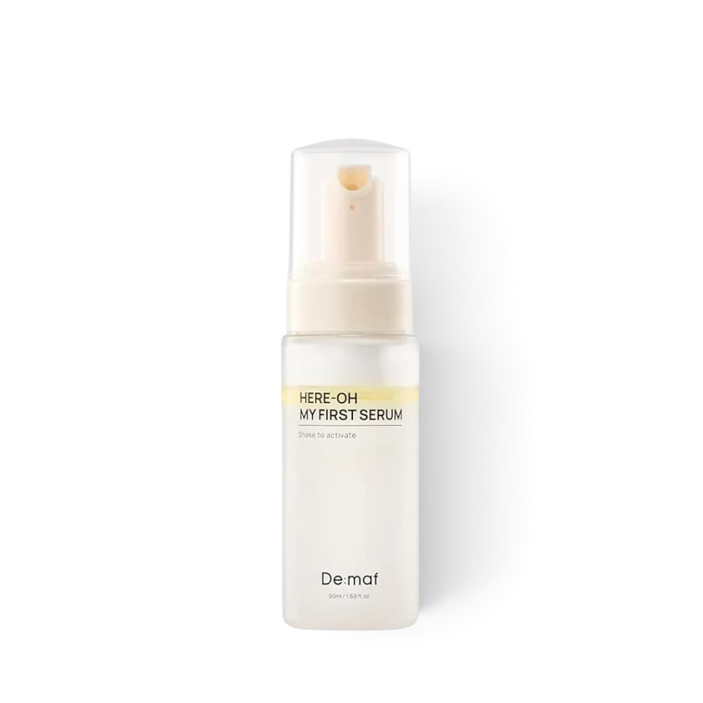 bareskin.lt De:maf Here-Oh My First Serum in a clear pump bottle for hydrating and nourishing dry, sensitive skin.