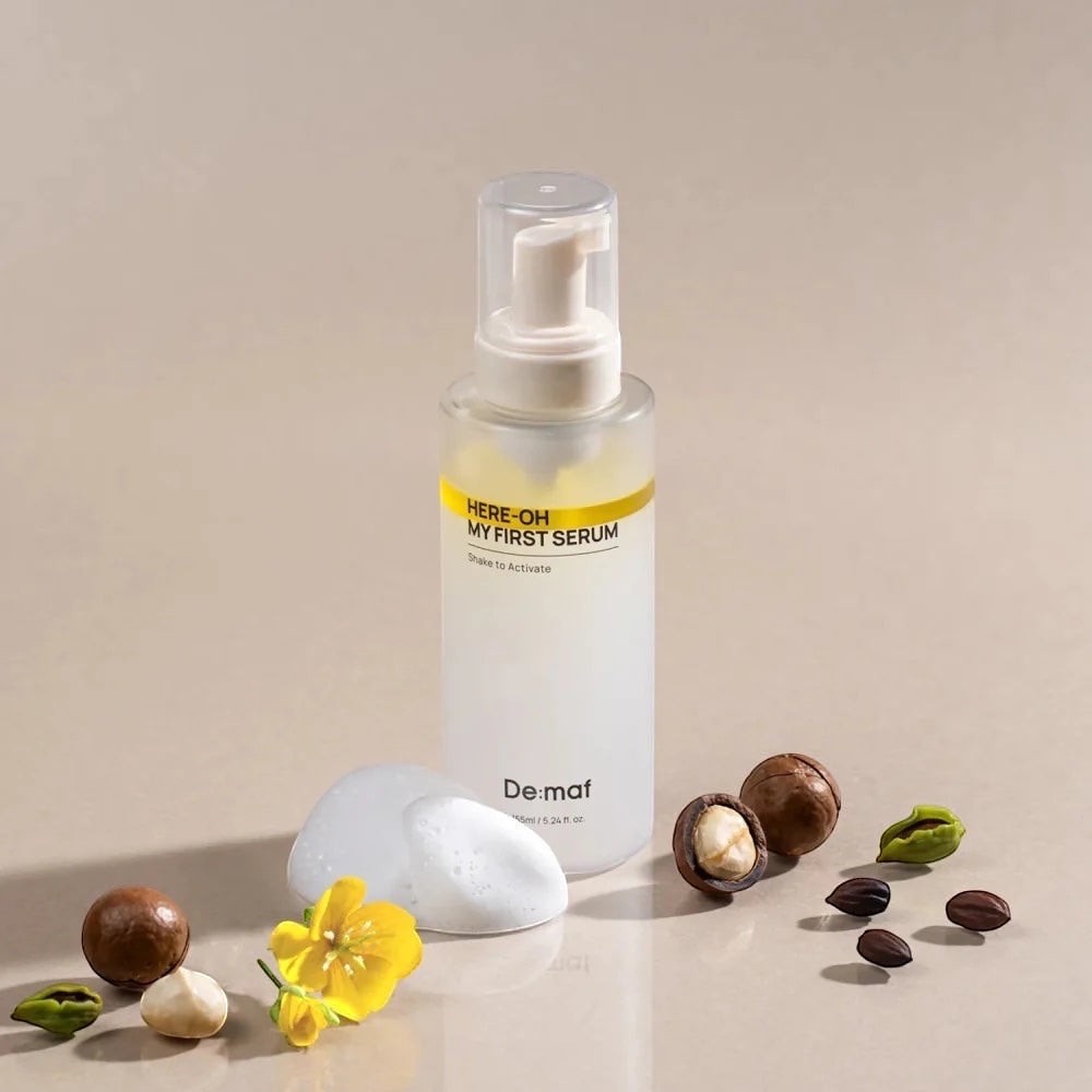 bareskin.lt De:maf Here-Oh My First Serum dvifazis drėkinamasis serumas, sukurtas odai, kuriai trūksta drėgmės, komforto ir minkštumo pojūčio