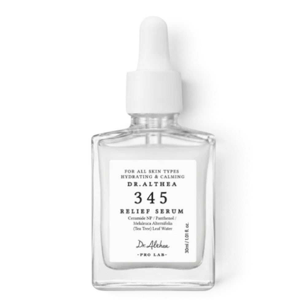 bareskin.lt Dr.Althea 345 Relief Serum in a clear glass bottle with a white dropper cap for hydrating and calming skin