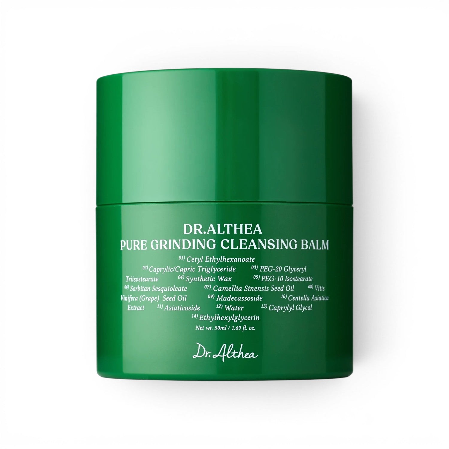 bareskin.lt Dr. Althea Pure Grinding Cleansing Balm in a dark green jar with ingredient list printed on the front.