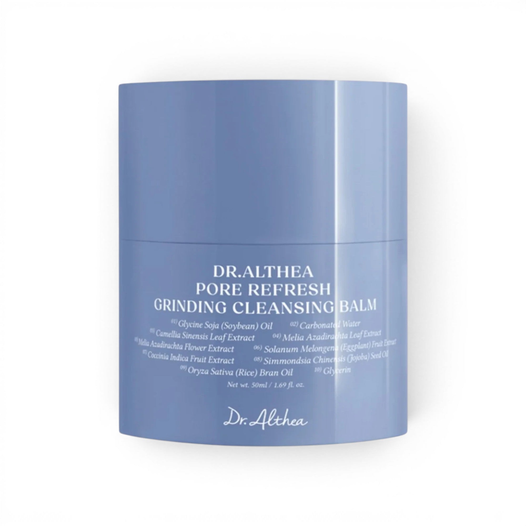 Dr. Althea Pore Refresh Grinding Cleansing Balm by bareskin.lt in a light blue cylindrical container.