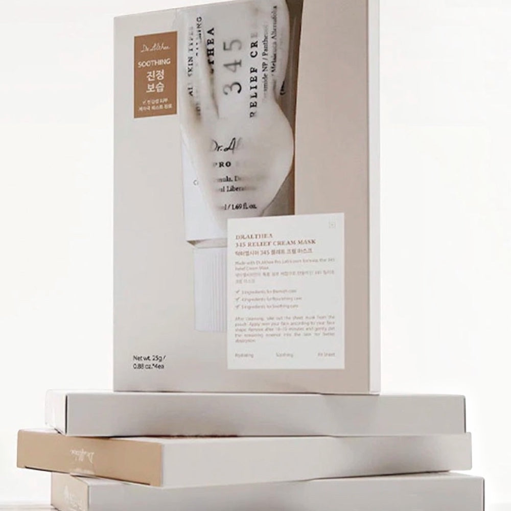 Dr. Althea 345 Relief Cream Mask packaging by bareskin.lt, a soothing and hydrating vegan sheet mask for skin care.