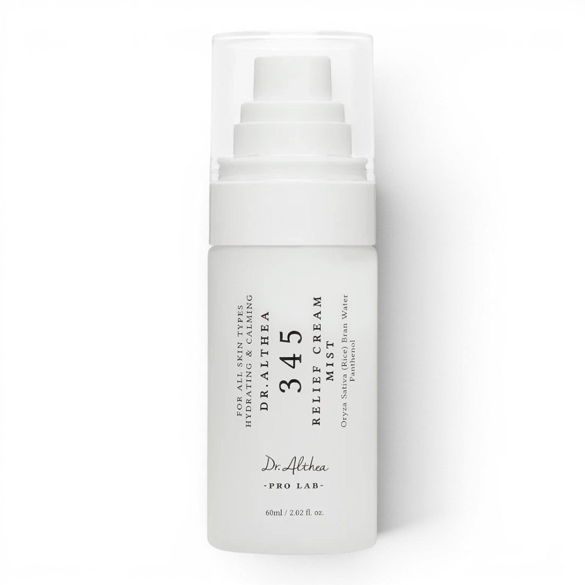 Dr. Althea 345 Relief Cream Mist by bareskin.lt in a white 60ml spray bottle for hydrating and calming skin.
