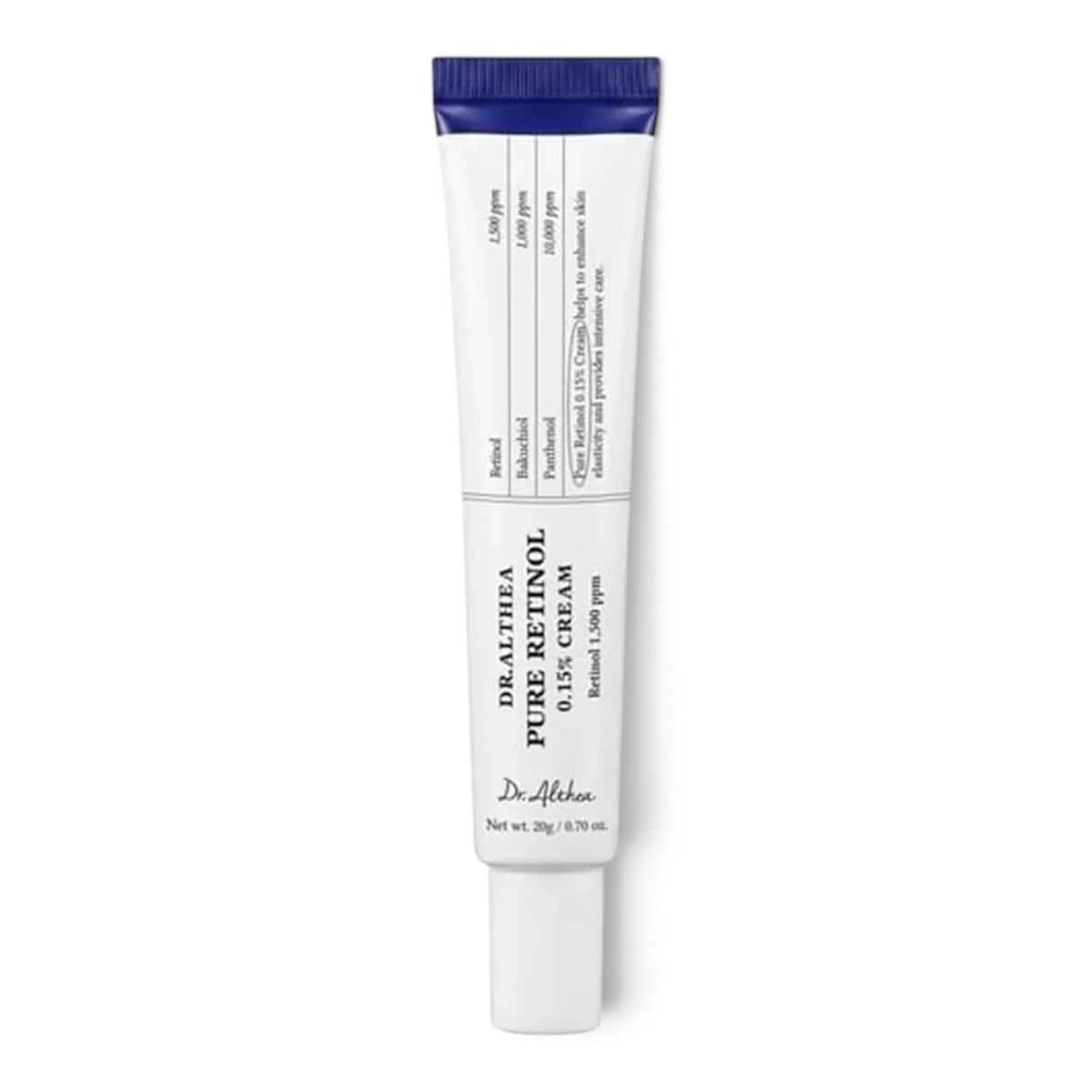 Dr. Althea Pure Retinol 0.15% Cream in a white squeeze tube with blue cap, sold at bareskin.lt