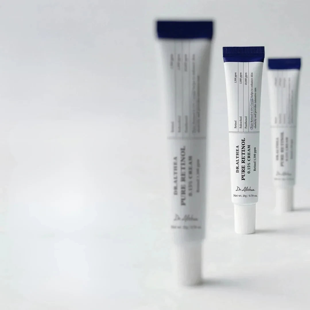 bareskin.lt Dr. Althea Pure Retinol 0.15% Cream in white tubes with blue caps arranged on a white surface