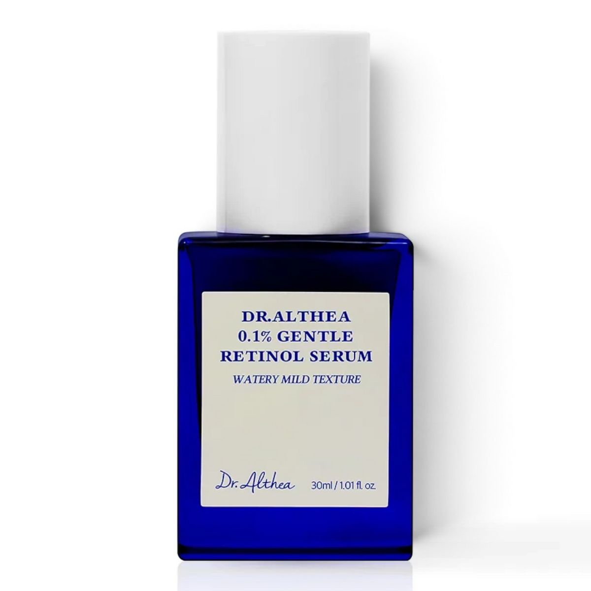Dr.Althea 0.1 Gentle Retinol Serum in a blue glass bottle from bareskin.lt for mild skin rejuvenation.