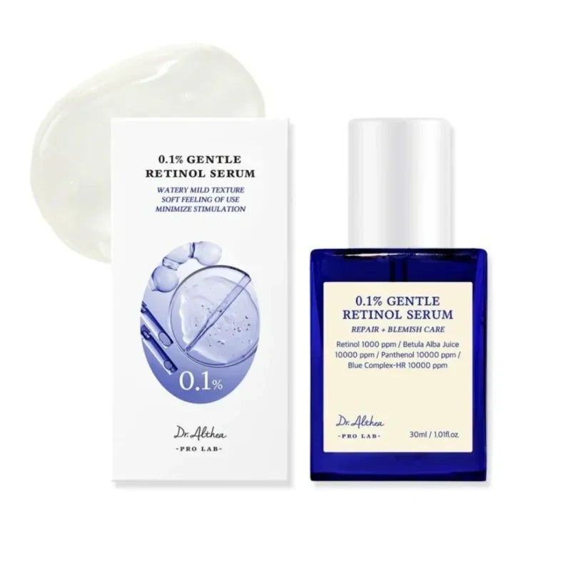 Dr.Althea 0.1 Gentle Retinol Serum by bareskin.lt in a blue glass bottle with white box and serum swatch