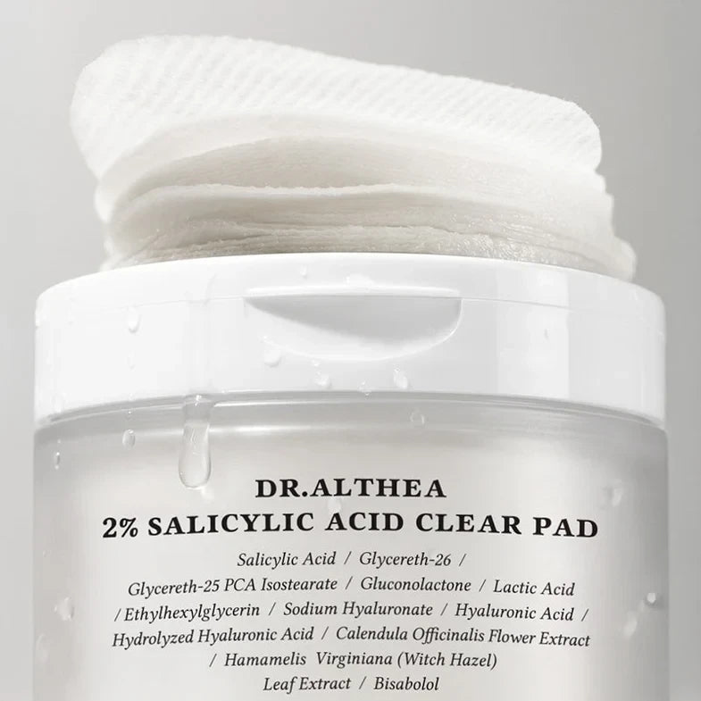 bareskin.lt Dr. Althea 2% Salicylic Acid Clear Pad toner pads in a white jar with visible ingredients list