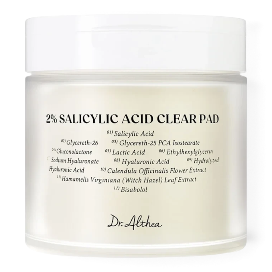 bareskin.lt Dr. Althea 2% Salicylic Acid Clear Pad toner jar with white lid and ingredient list on the front