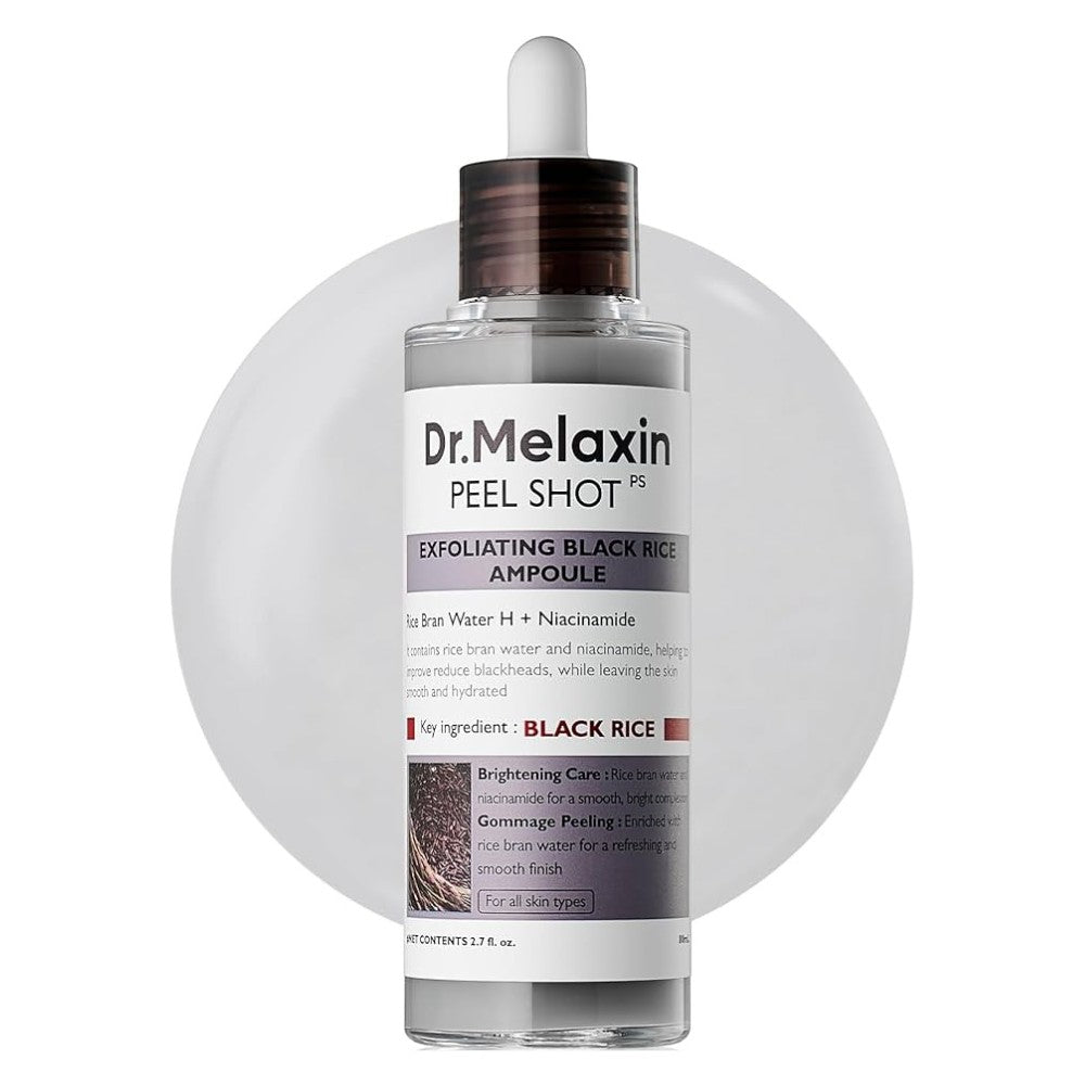 bareskin.lt Dr.Melaxin Peel Shot Exfoliating Black Rice Ampoule gomažinis veido šveitiklis su PHA ir BHA rūgštimis