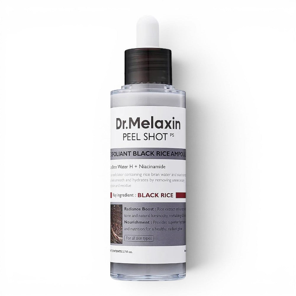 bareskin.lt Dr.Melaxin Peel Shot Exfoliating Black Rice Ampoule gomažinis veido šveitiklis su PHA ir BHA rūgštimis