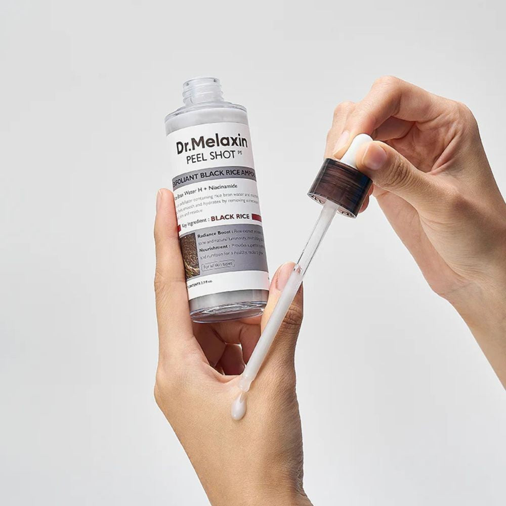 bareskin.lt Dr.Melaxin Peel Shot Exfoliating Black Rice Ampoule gomažinis veido šveitiklis su PHA ir BHA rūgštimis
