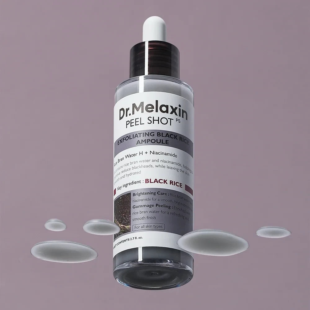 bareskin.lt Dr.Melaxin Peel Shot Exfoliating Black Rice Ampoule gomažinis veido šveitiklis su PHA ir BHA rūgštimis