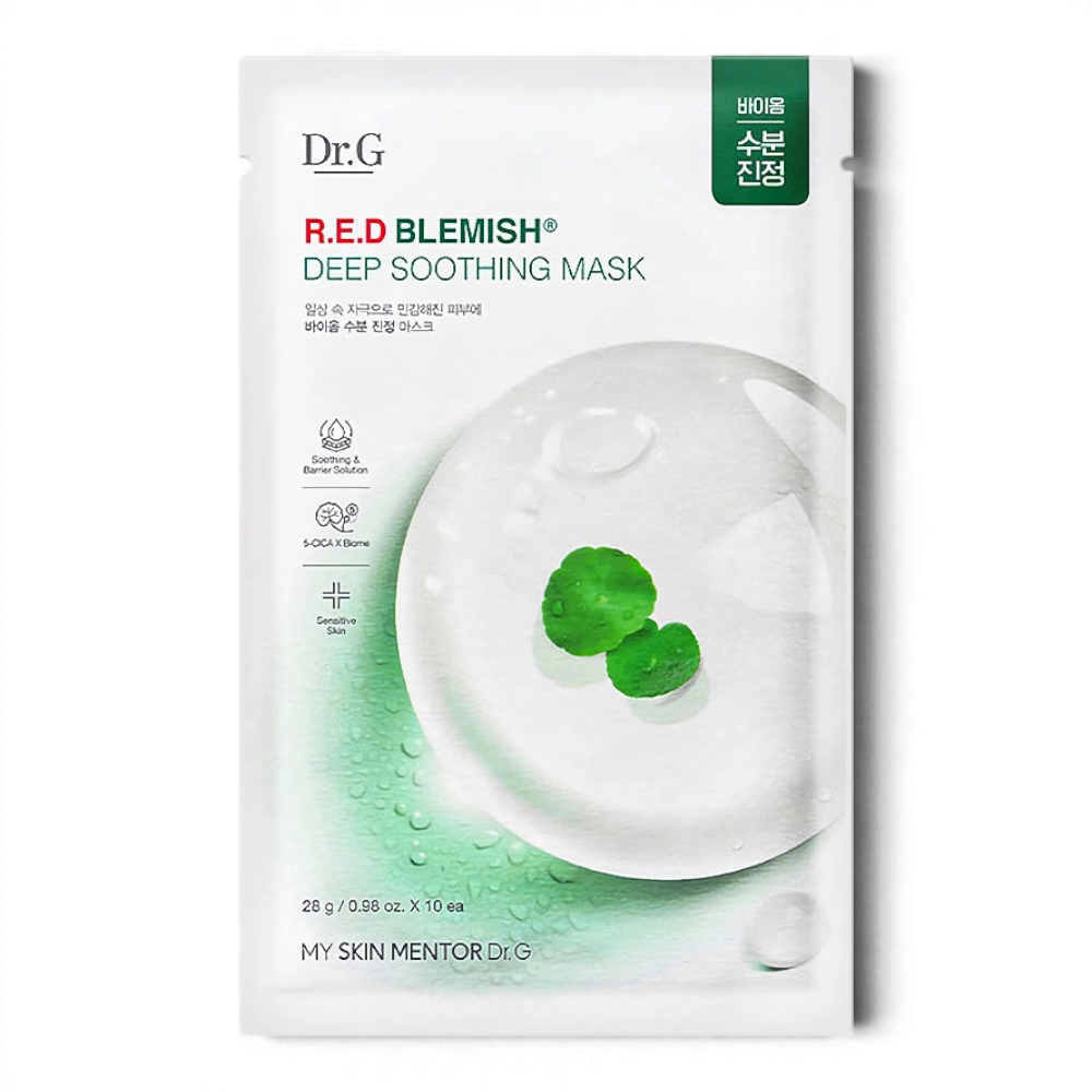 Dr.G Red Blemish Deep Soothing Mask from bareskin.lt for calming and hydrating sensitive skin with 5-cica complex.