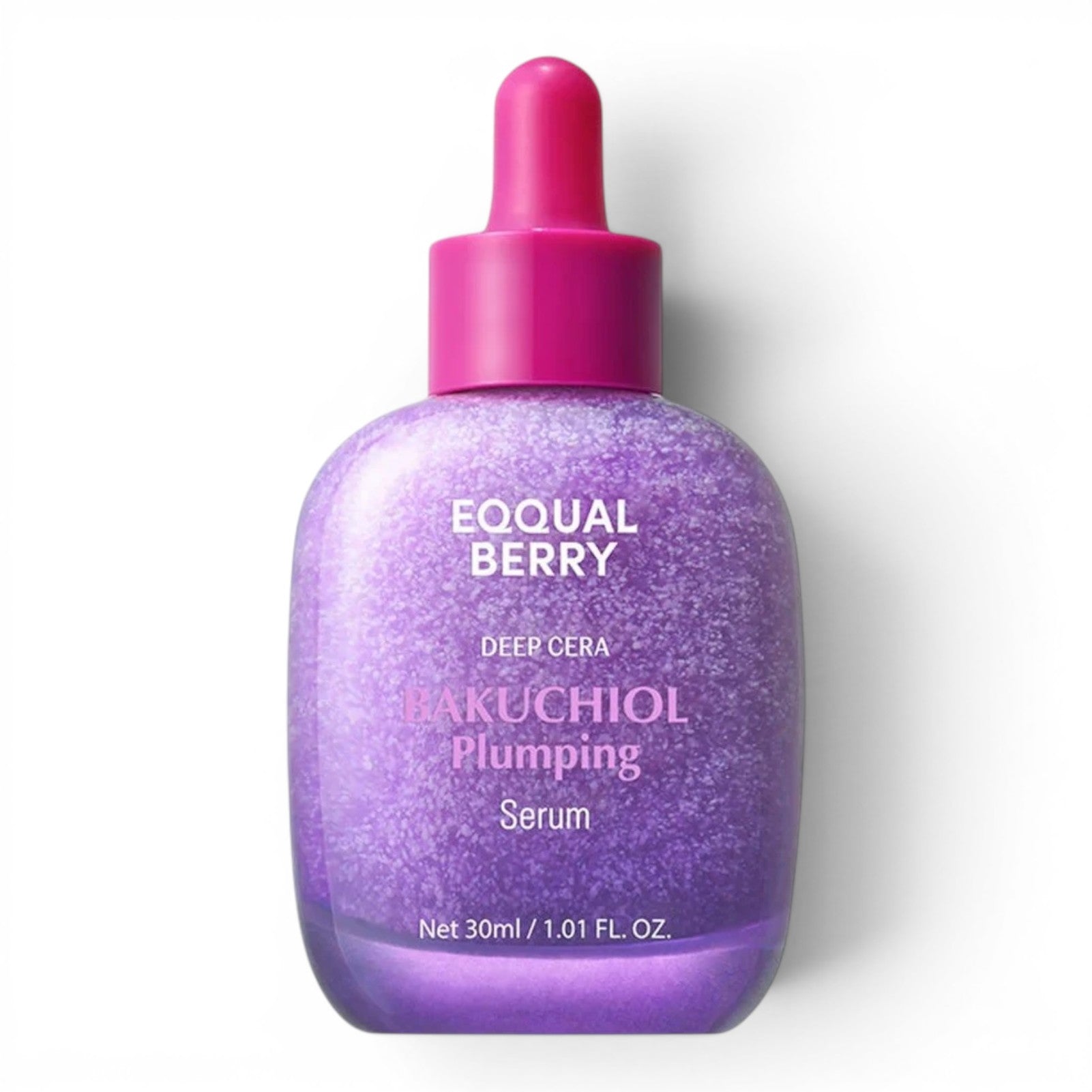 bareskin.lt EQQUALBERRY Bakuchiol Plumping Serum in a purple glass bottle with a bright pink dropper cap.