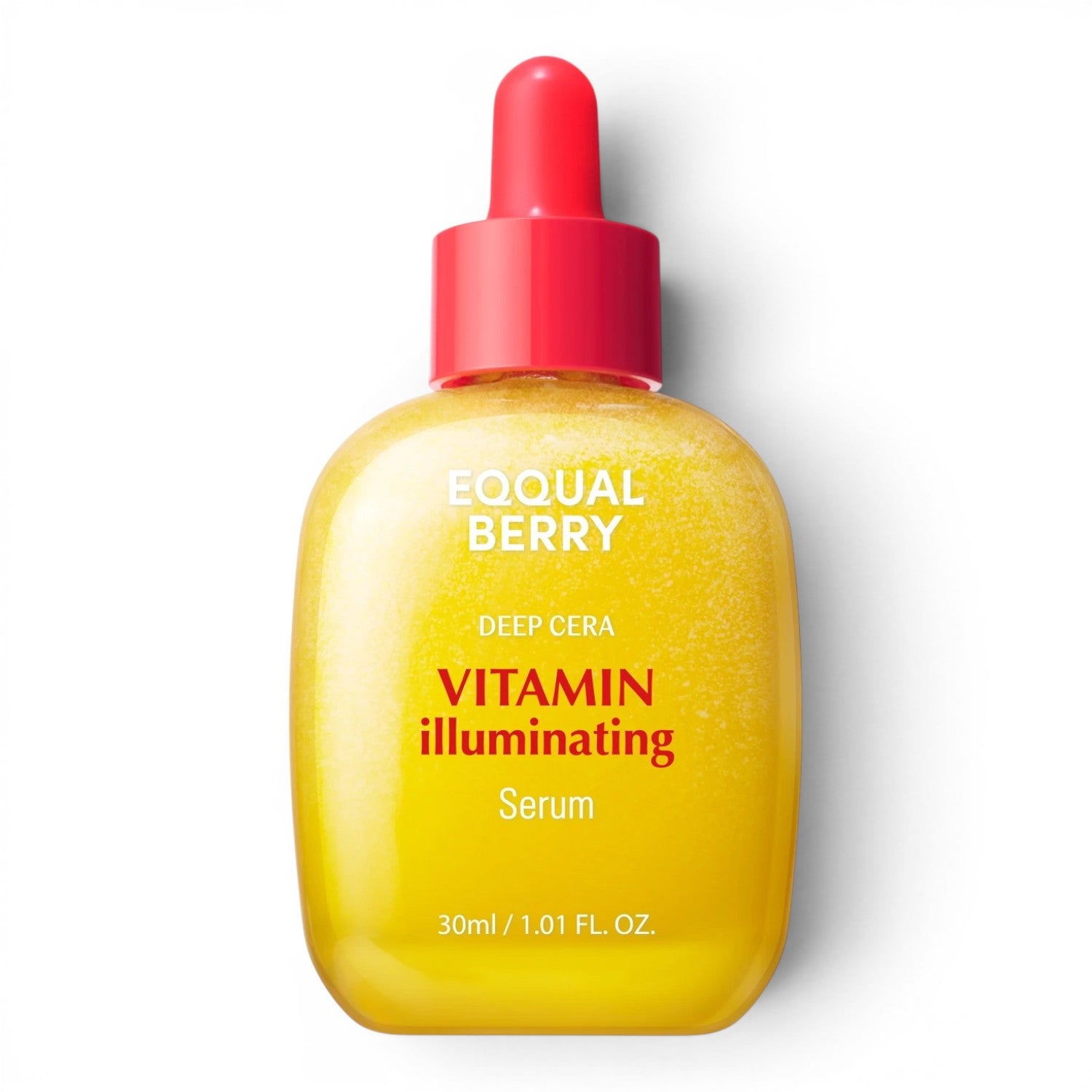 bareskin.lt EQQUALBERRY Vitamin Illuminating Serum in a yellow glass bottle with a bright red dropper cap