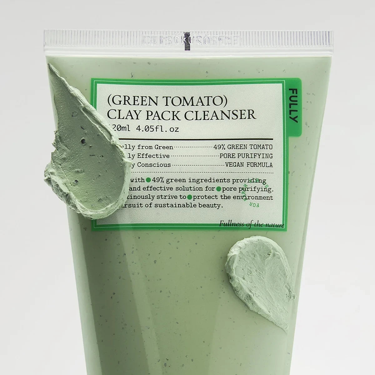 bareskin.lt FULLY Green Tomato Clay Pack Cleanser in a light green tube with textured clay swatches on the packaging.