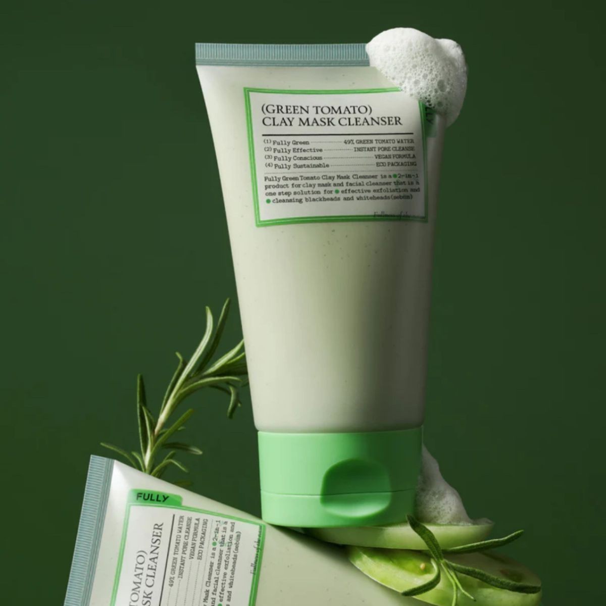 bareskin.lt FULLY Green Tomato Clay Mask Cleanser in a squeeze tube with foam, featuring green botanical accents.