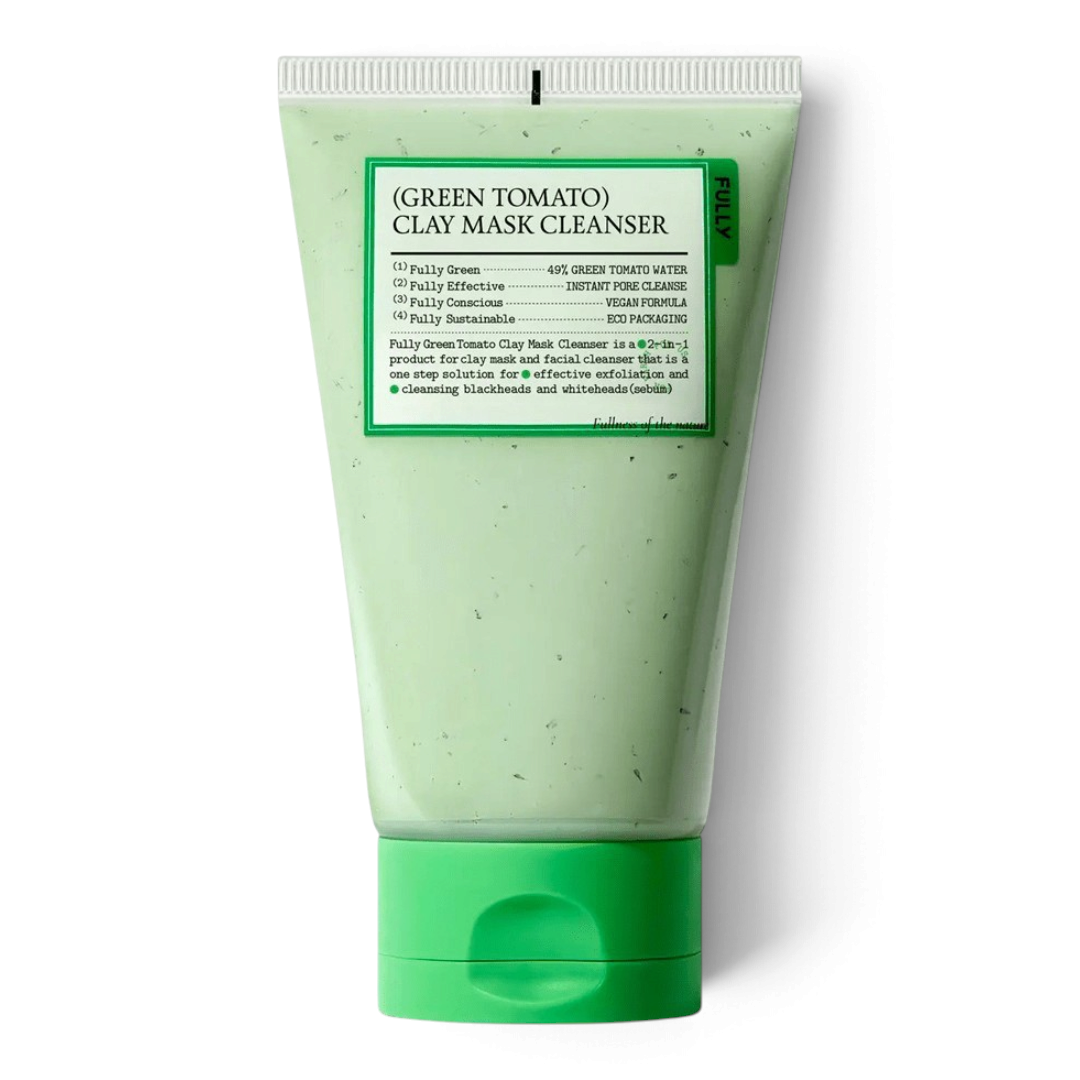 bareskin.lt FULLY Green Tomato Clay Mask Cleanser in a light green squeeze tube for pore cleansing and exfoliation.