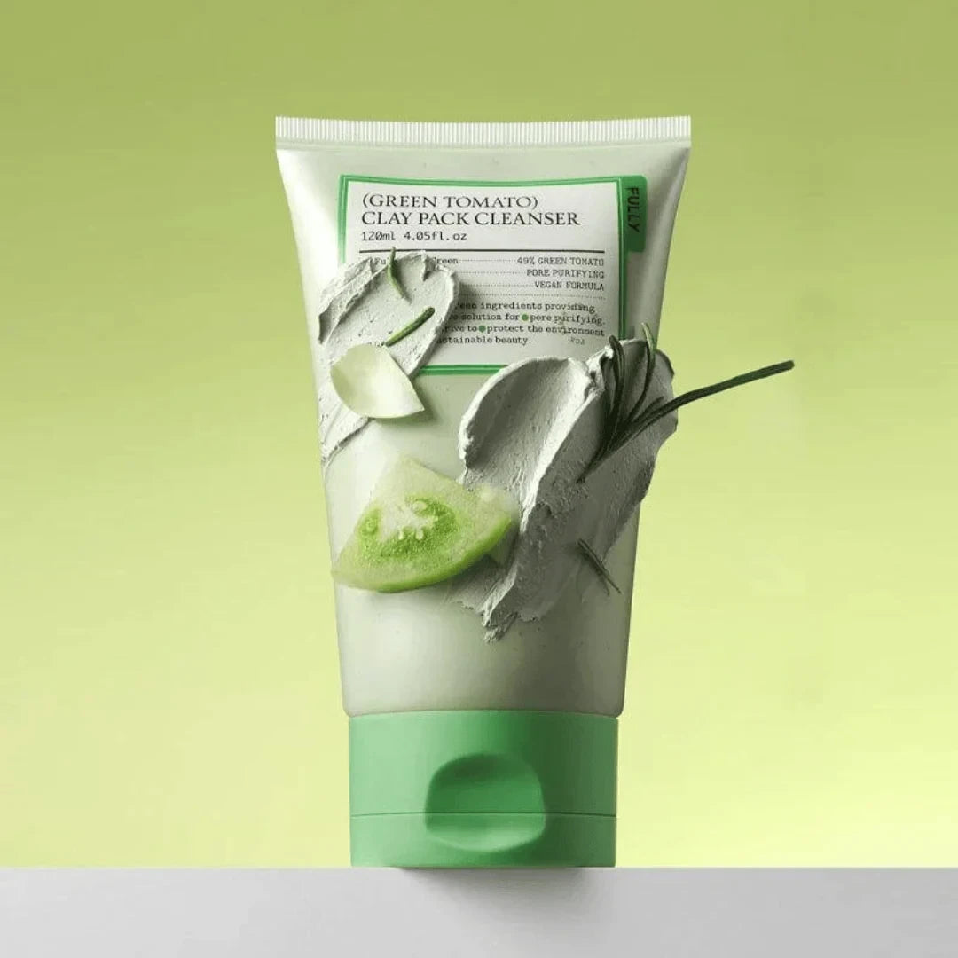 bareskin.lt FULLY Green Tomato Clay Mask Cleanser in a light green tube with clay texture and tomato slice