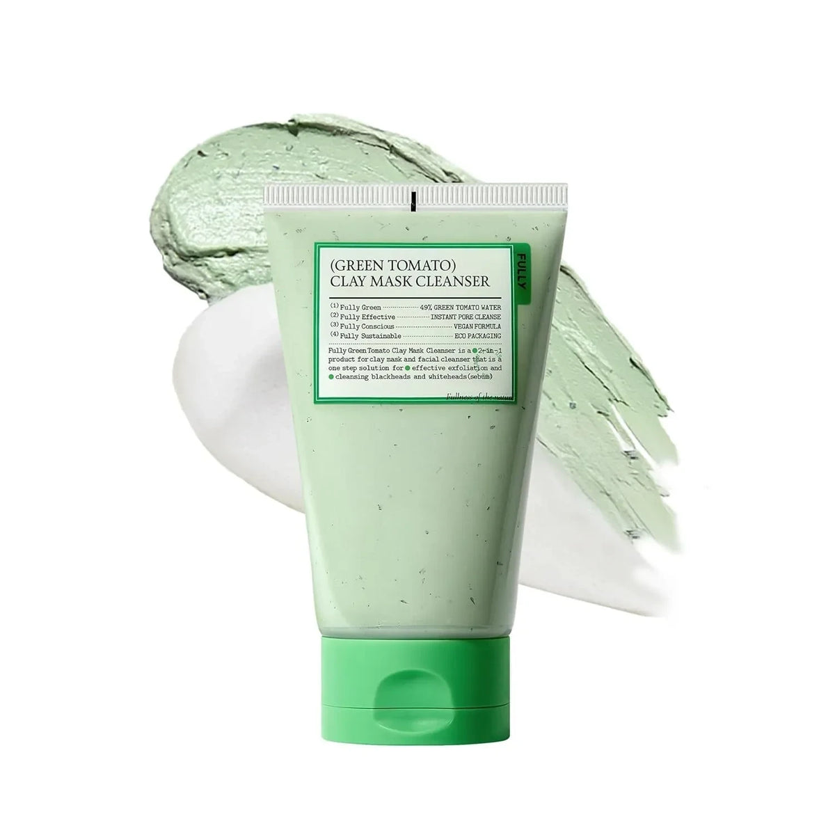 bareskin.lt FULLY Green Tomato Clay Mask Cleanser in a light green squeeze tube with a creamy clay texture swatch.