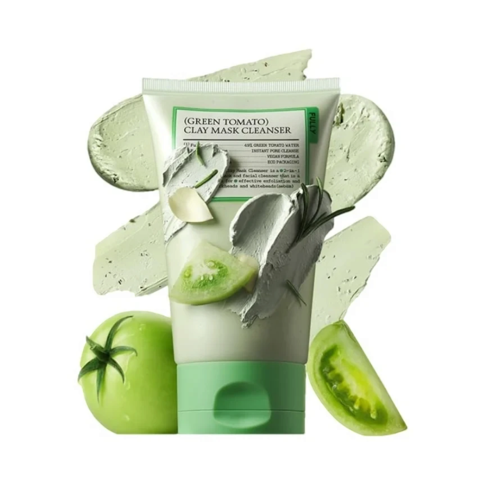 bareskin.lt FULLY Green Tomato Clay Mask Cleanser in a light green tube with clay texture and fresh tomato slices