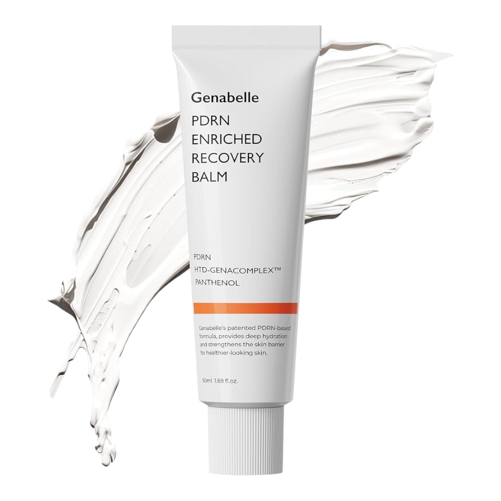 Genabelle PDRN Enriched Recovery Balm by bareskin.lt in a white tube with a creamy texture swirl on a white background
