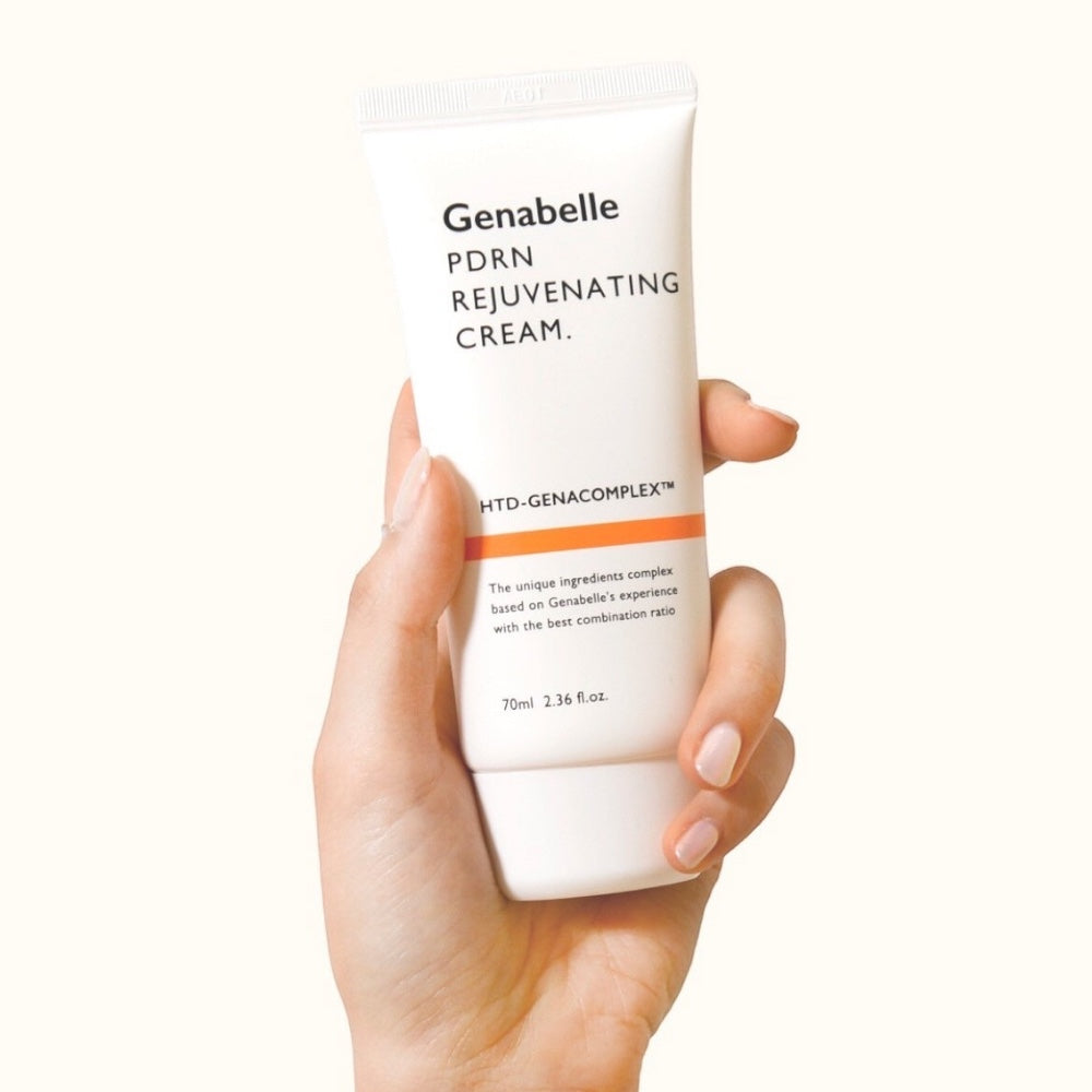 bareskin.lt Genabelle PDRN Rejuvenating Cream in a white squeeze tube held in a hand for facial skincare