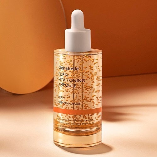 Genabelle PDRN Vita Toning Ampoule from bareskin.lt, a brightening facial serum with visible vitamin capsules.