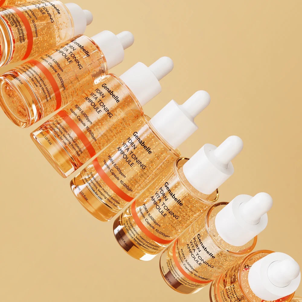 bareskin.lt Genabelle PDRN Vita Toning Ampoule bottles with golden vitamin capsules in a diagonal row