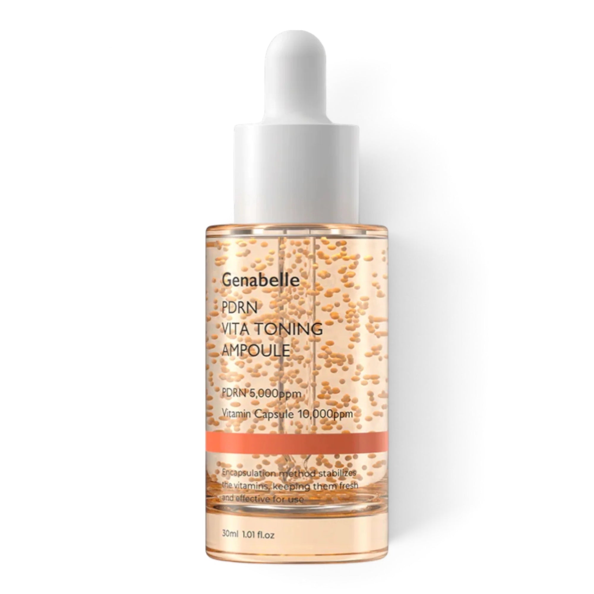 Genabelle PDRN Vita Toning Ampoule from bareskin.lt featuring vitamin capsules in a clear glass dropper bottle