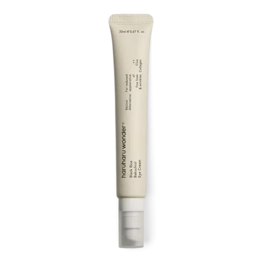 bareskin.lt Haruharu Wonder Black Rice Bakuchiol Eye Cream in a beige tube for reducing fine lines and wrinkles