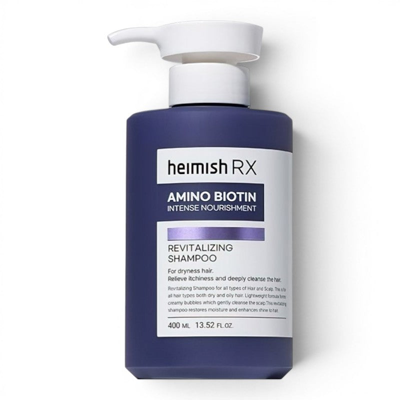 bareskin.lt heimish RX Amino Biotin Revitalizing Shampoo in a dark blue 400ml pump bottle for hair nourishment