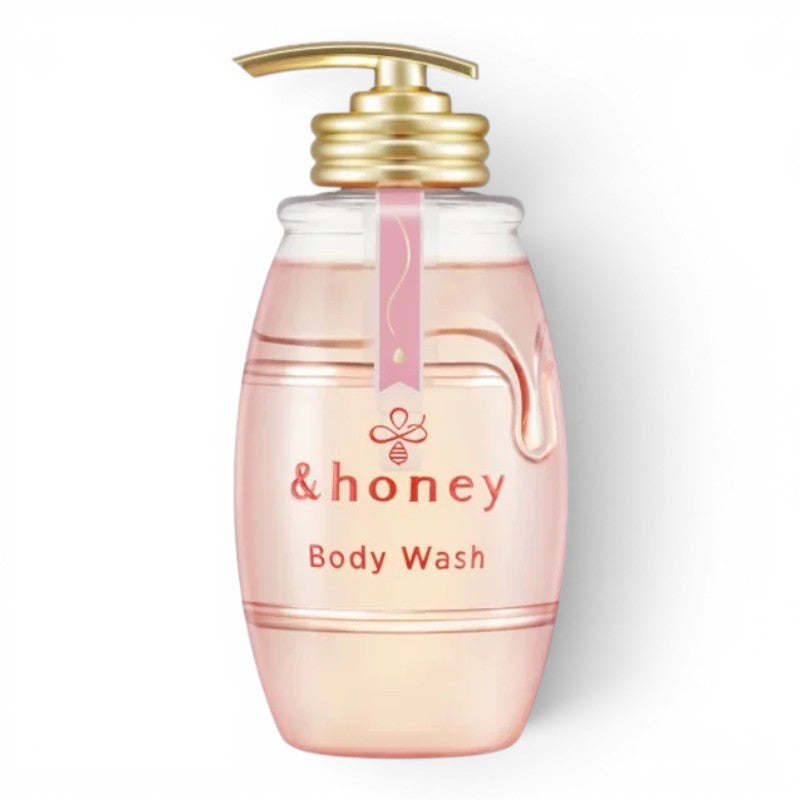 bareskin.lt &Honey Rose Honey Melty Moist Gel Body Wash in a clear pink bottle with a gold pump dispenser