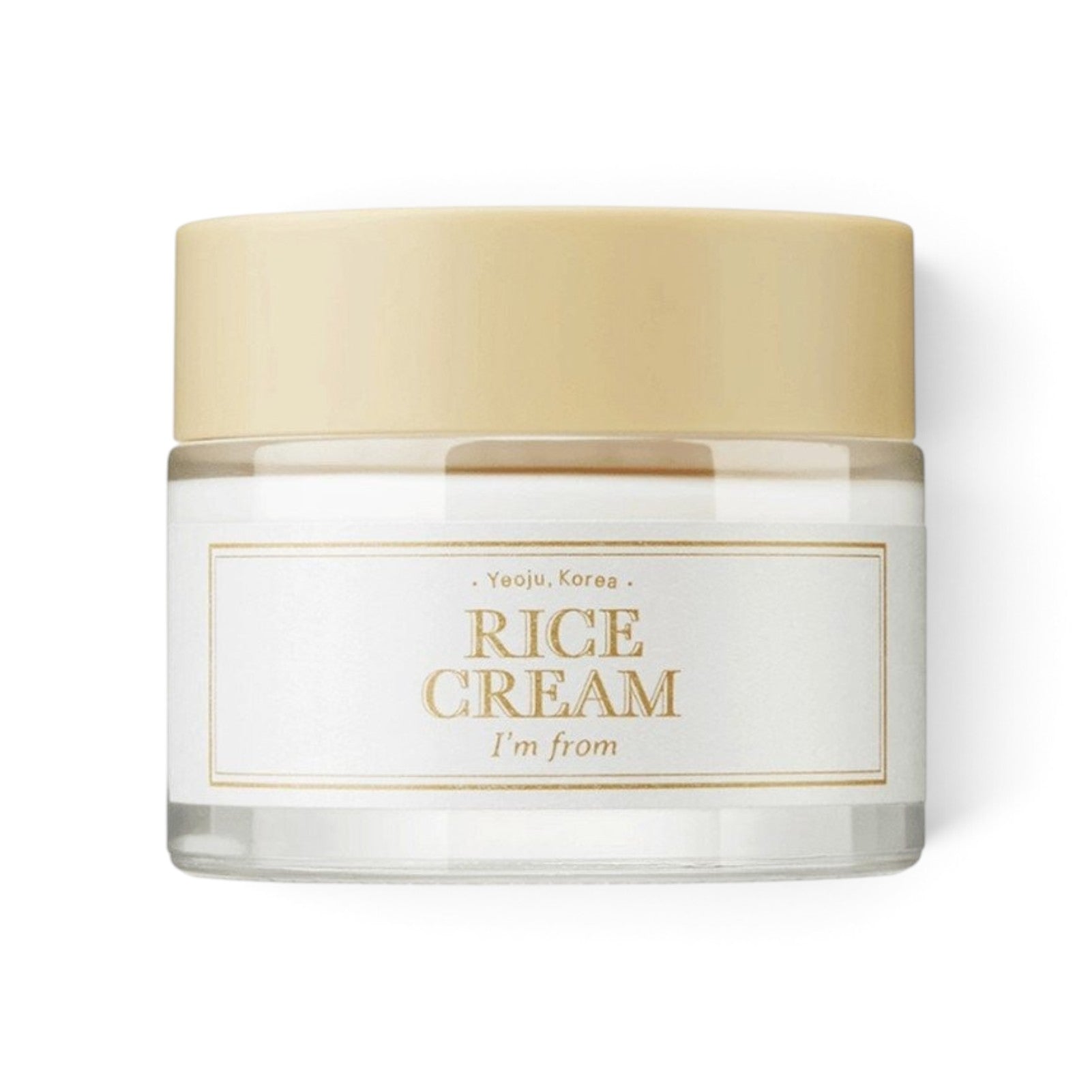 bareskin.lt I'M FROM Rice Cream in a glass jar with a beige lid, a nourishing facial moisturizer for soft skin.