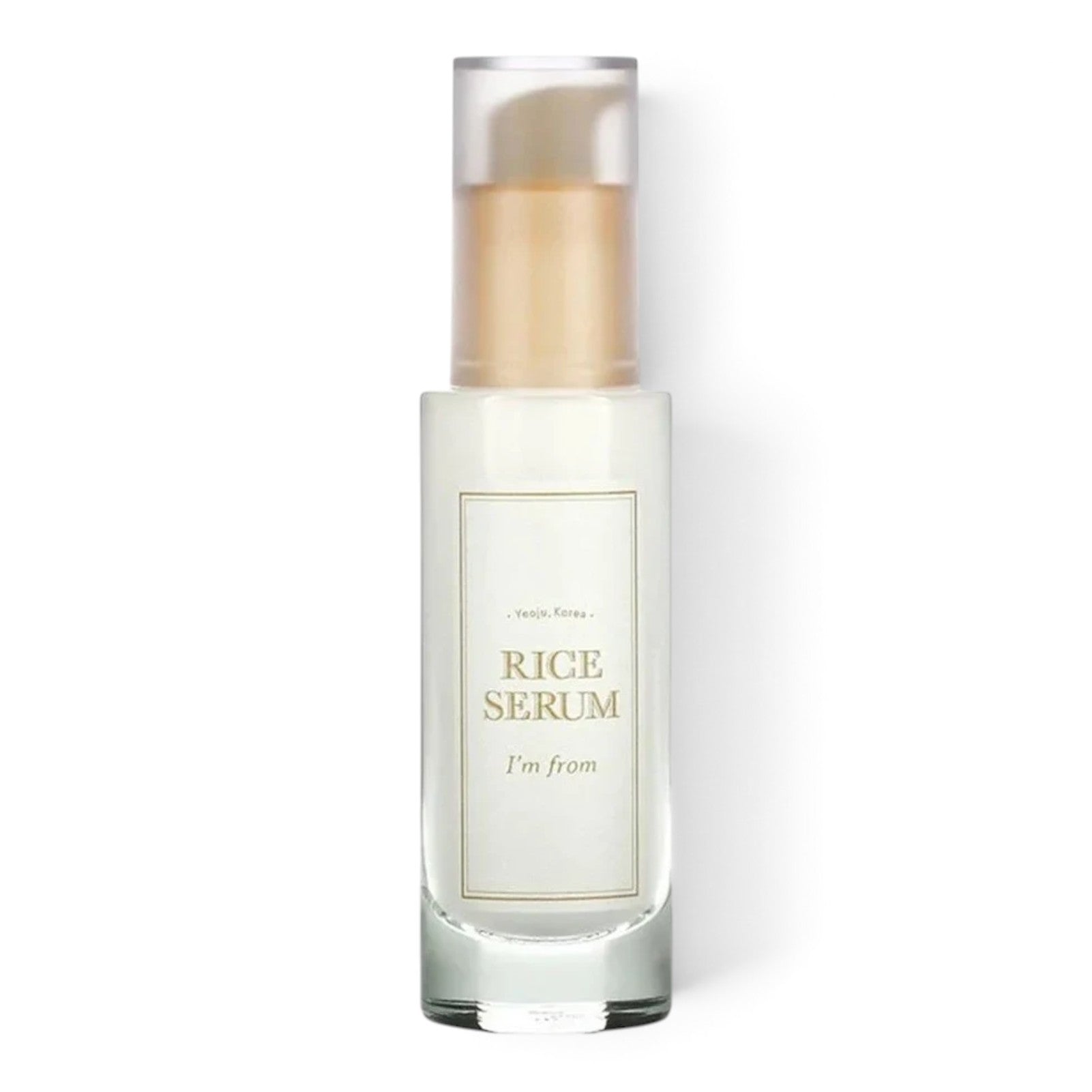 bareskin.lt I'M FROM Rice Serum in a clear glass bottle with a gold pump, featuring fermented rice extract.