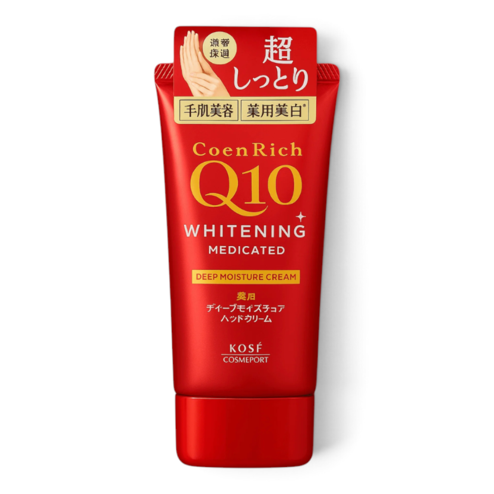 bareskin.lt Kose CoenRich Q10 Whitening Deep Moisture hand cream in a red tube with Japanese text